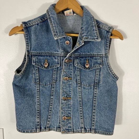 Vintage 90s Denim Vest Womens Sz Small Buttons Light Wash Jean Vest Retro Funky - Picture 3 of 9